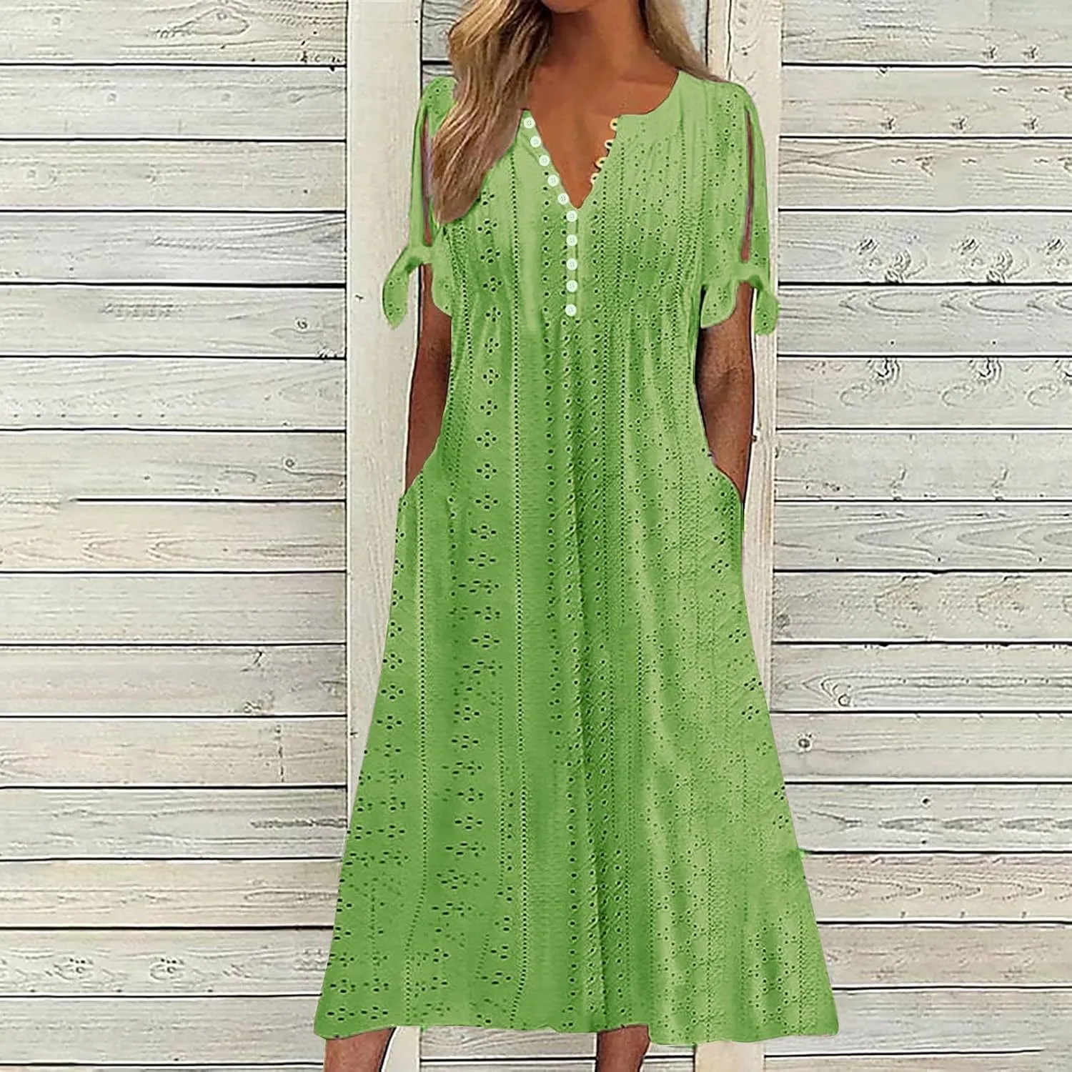 ZYXTIM Womens Eyelet Dress V Neck Short Sleeve Hollow Out Summer Beach Vacation Dresses Swing A Line Vintage Long Dresses