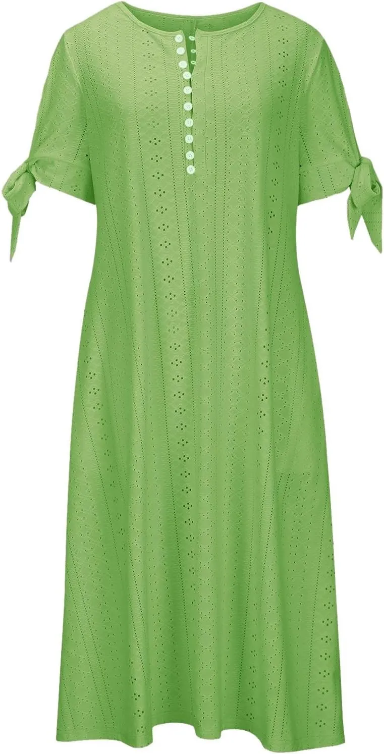 ZYXTIM Womens Eyelet Dress V Neck Short Sleeve Hollow Out Summer Beach Vacation Dresses Swing A Line Vintage Long Dresses