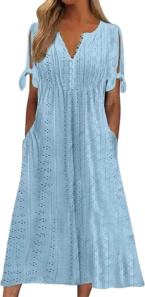 ZYXTIM Womens Eyelet Dress V Neck Short Sleeve Hollow Out Summer Beach Vacation Dresses Swing A Line Vintage Long Dresses