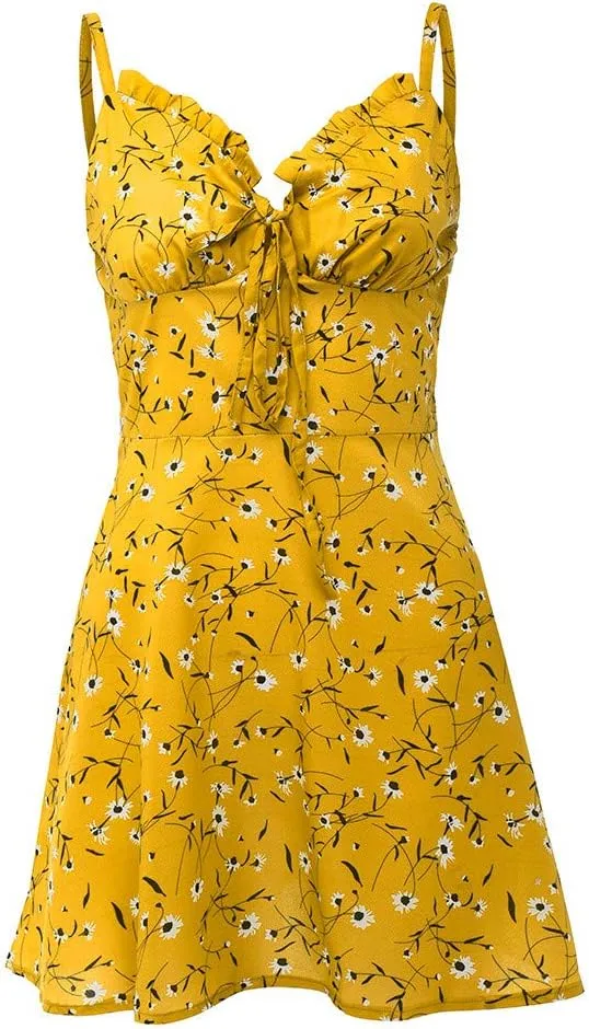 ZYXTIM Women's Floral Dress Ruched V Neck Sleeveless Ruffle Hem Tie Front Spaghetti Strap Cami Dress Trendy Mini Sun Dresses