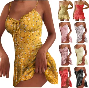 ZYXTIM Women's Floral Dress Ruched V Neck Sleeveless Ruffle Hem Tie Front Spaghetti Strap Cami Dress Trendy Mini Sun Dresses