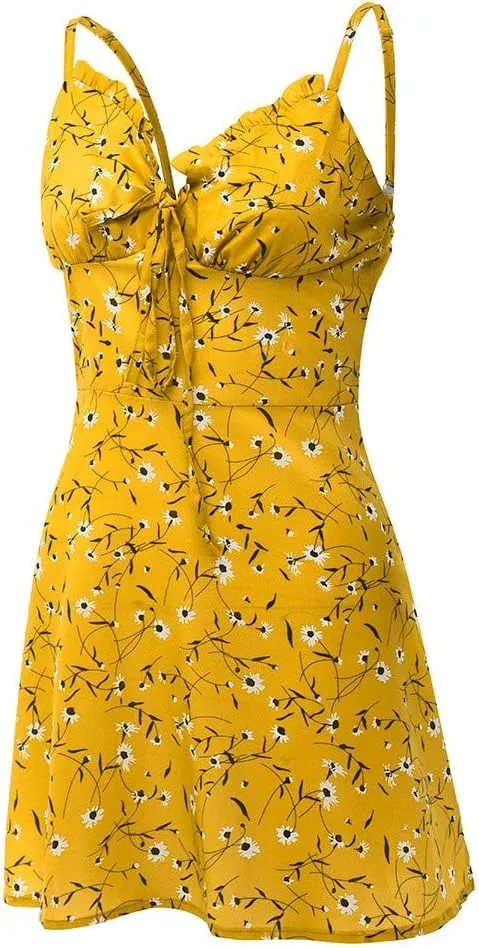 ZYXTIM Women's Floral Dress Ruched V Neck Sleeveless Ruffle Hem Tie Front Spaghetti Strap Cami Dress Trendy Mini Sun Dresses